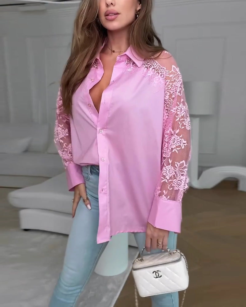 Hemd Elegante Spitze Patchwork Revers