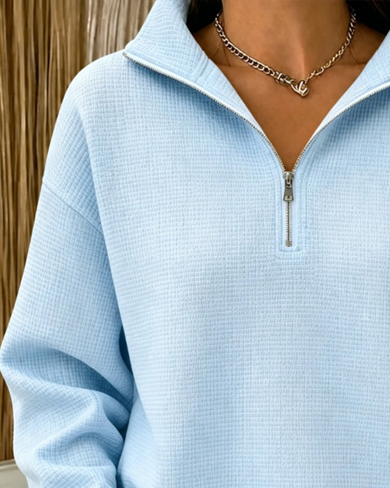 Sweatshirt Halber Reißverschluss Waffel Langarm