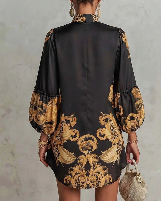 Kleid Leopard Laterne Ärmel Stehkragen Druck