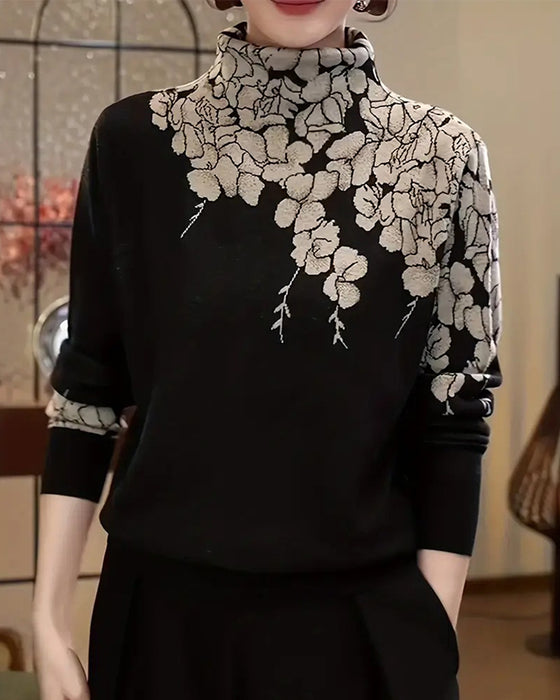 Pullover Mode Rollkragen Blumenjacquard