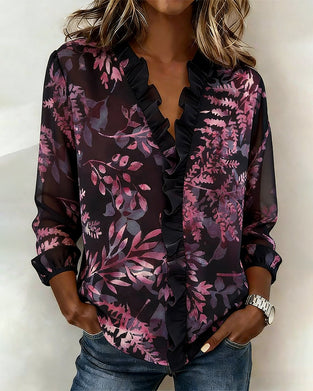 Bluse Blumen Rüschen V-Ausschnitt