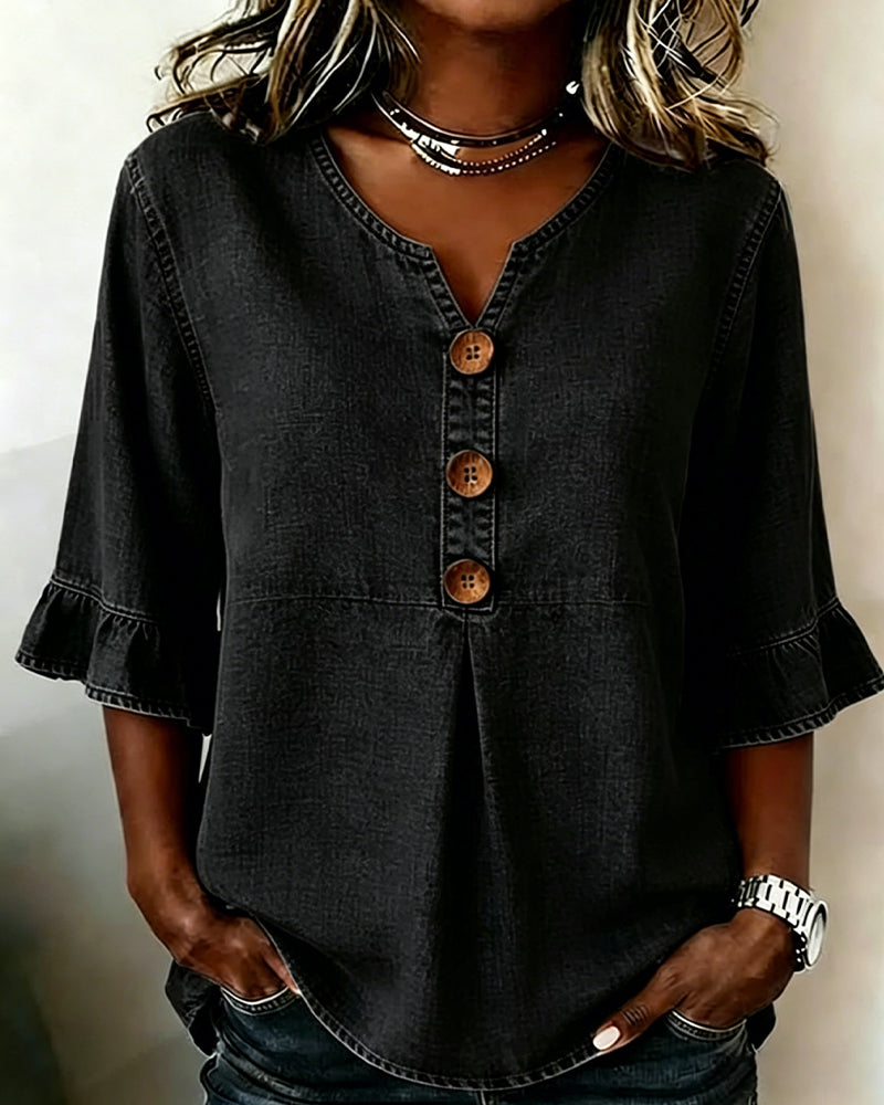 Bluse V-Ausschnitt Ausgestellter Ärmel Denim