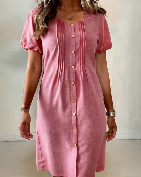 Kleid Geknöpft Plissiert Puffärmel