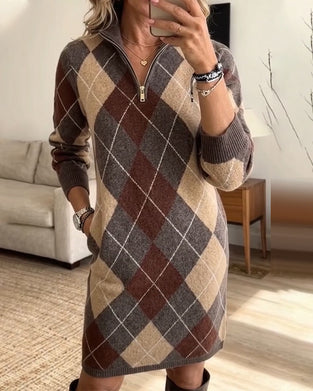 Strickkleid Revers Reißverschluss Karomuster Kontrast