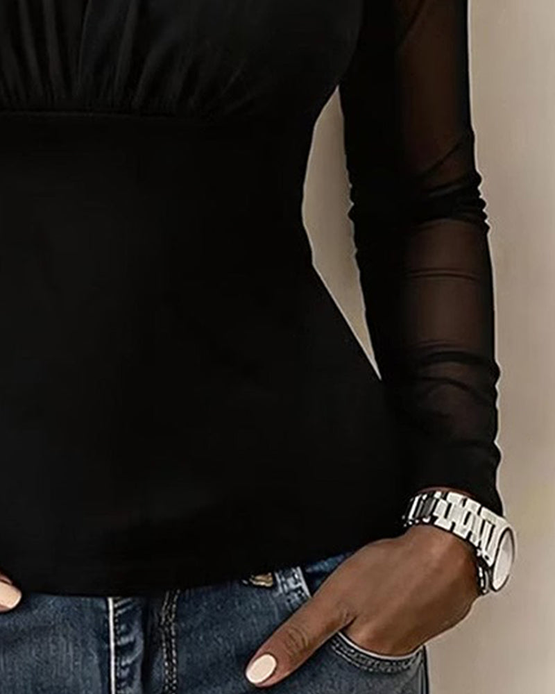 Top V-Ausschnitt Plissiert Langarm Slim