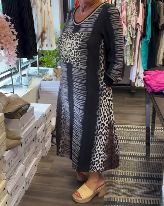 Kleid Leopardenprint V-Ausschnitt Langarm
