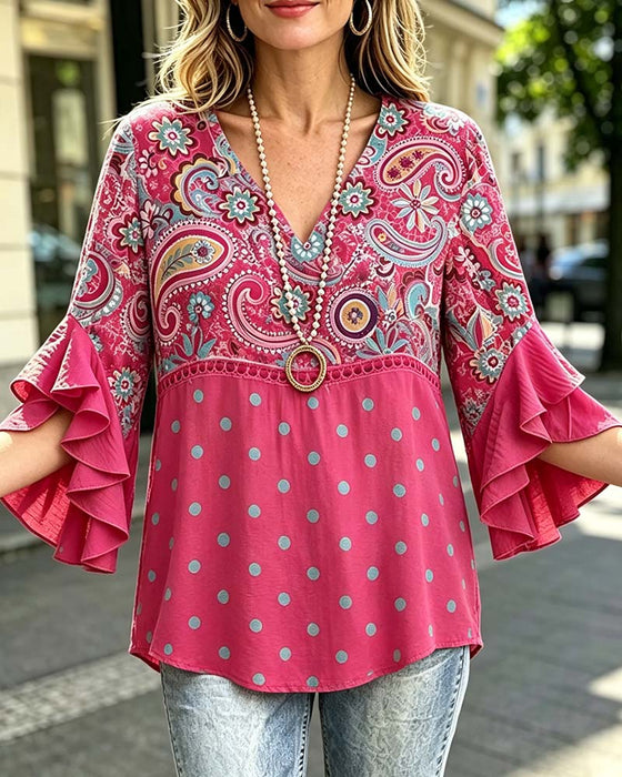 Bluse V-Ausschnitt Blumig Pünktchen Rüsche