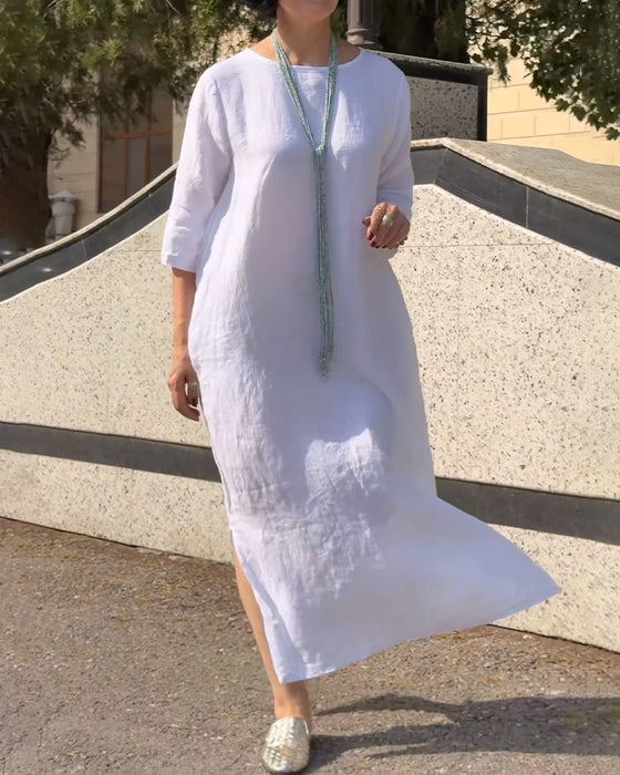 Kleid Rundhals Uni Ellenbogenlang Ärmel Locker