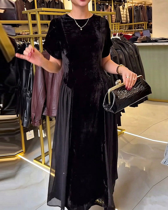 Kleid Rundhals Plissiert Slim Fit Großer Rock