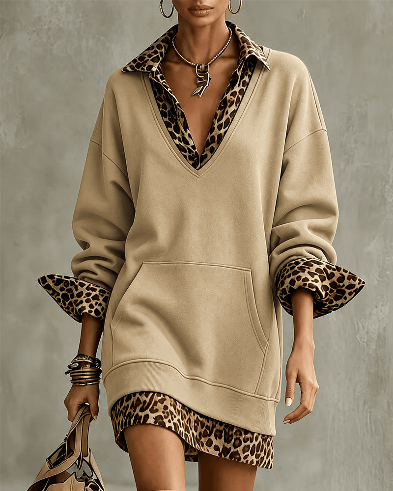 Kleid Kragen V-Ausschnitt Leopardenprint Sweatshirt