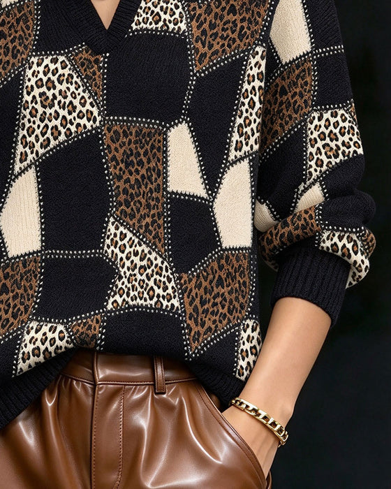 Pullover Mit Kragen V-Ausschnitt Leopardenprint Farbblock