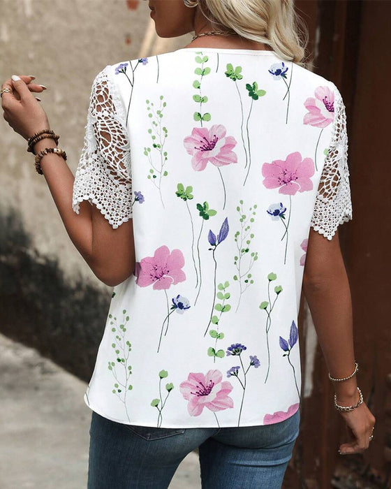 Bluse bedruckt modisch Spitzeneinsatz