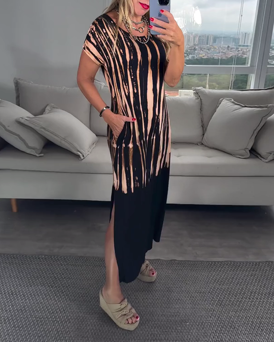 Kleid lässig kurzarm Schlitz Rundhals bedruckt