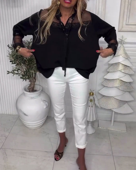 Bluse Uni-Farbe Patchwork Langarm