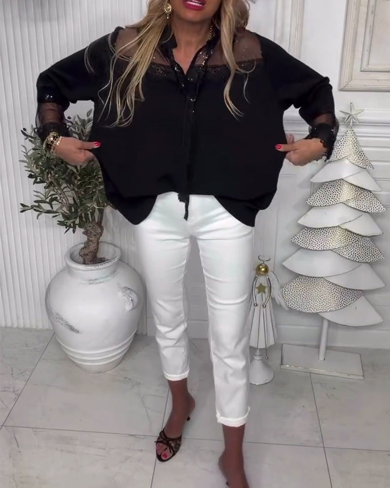 Bluse Uni-Farbe Patchwork Langarm