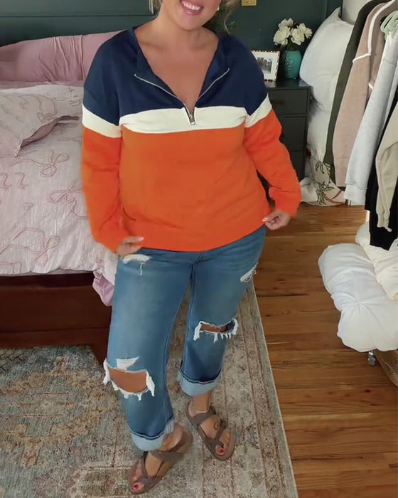 Sweatshirt Mit Reißverschluss, Stehkragen Und Farbblockierung Langarm