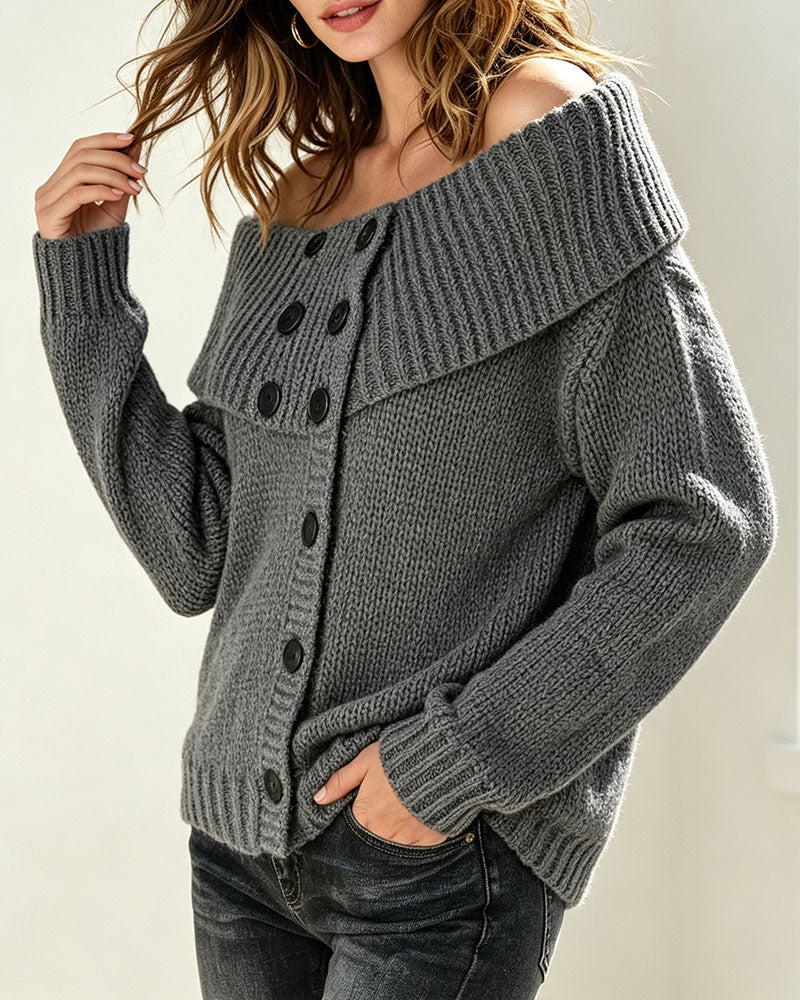 Pullover Revers Off-Shoulder Knopf Off-Shoulder