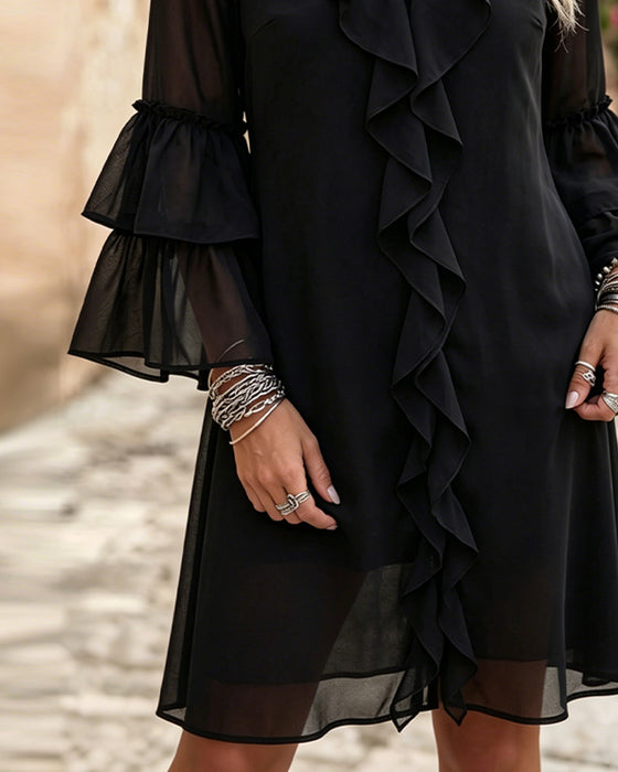 Kleid Ruffle Flügelärmel V-Ausschnitt