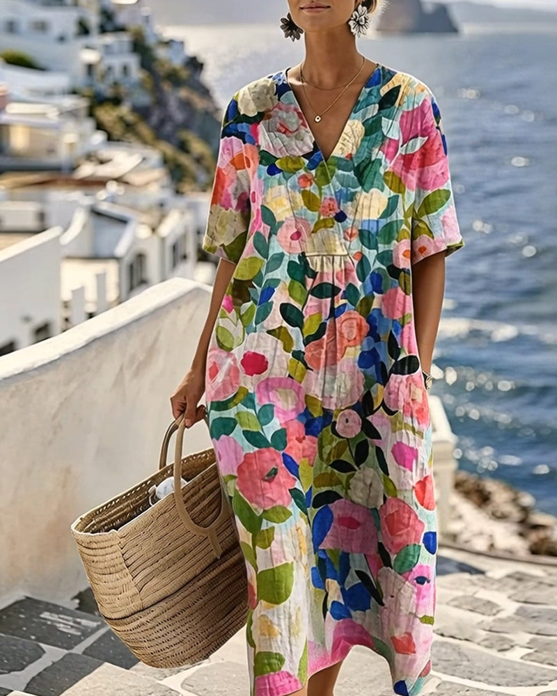 Kleid Aquarell Blumen V-Ausschnitt