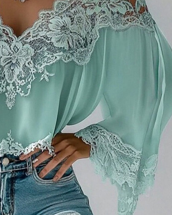 Bluse V-Ausschnitt Patchwork locker langärmlig