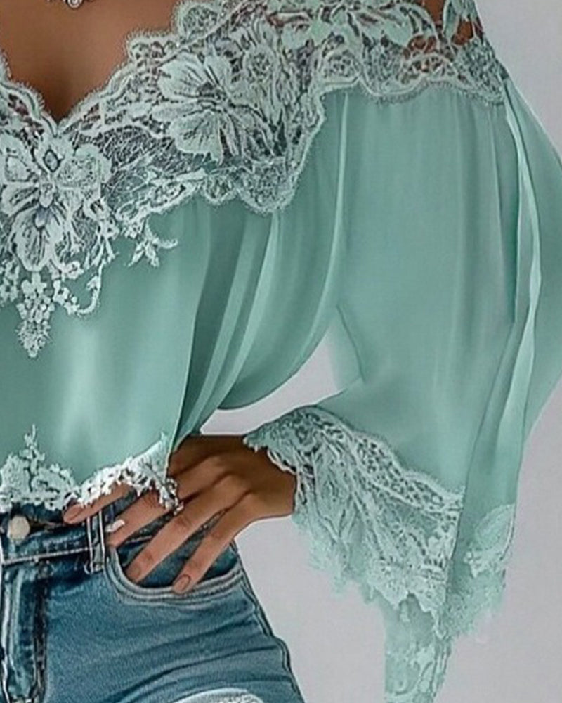 Bluse V-Ausschnitt Patchwork locker langärmlig