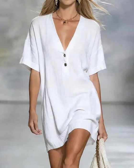 Kleid Minimalistisch V-Ausschnitt Knopf