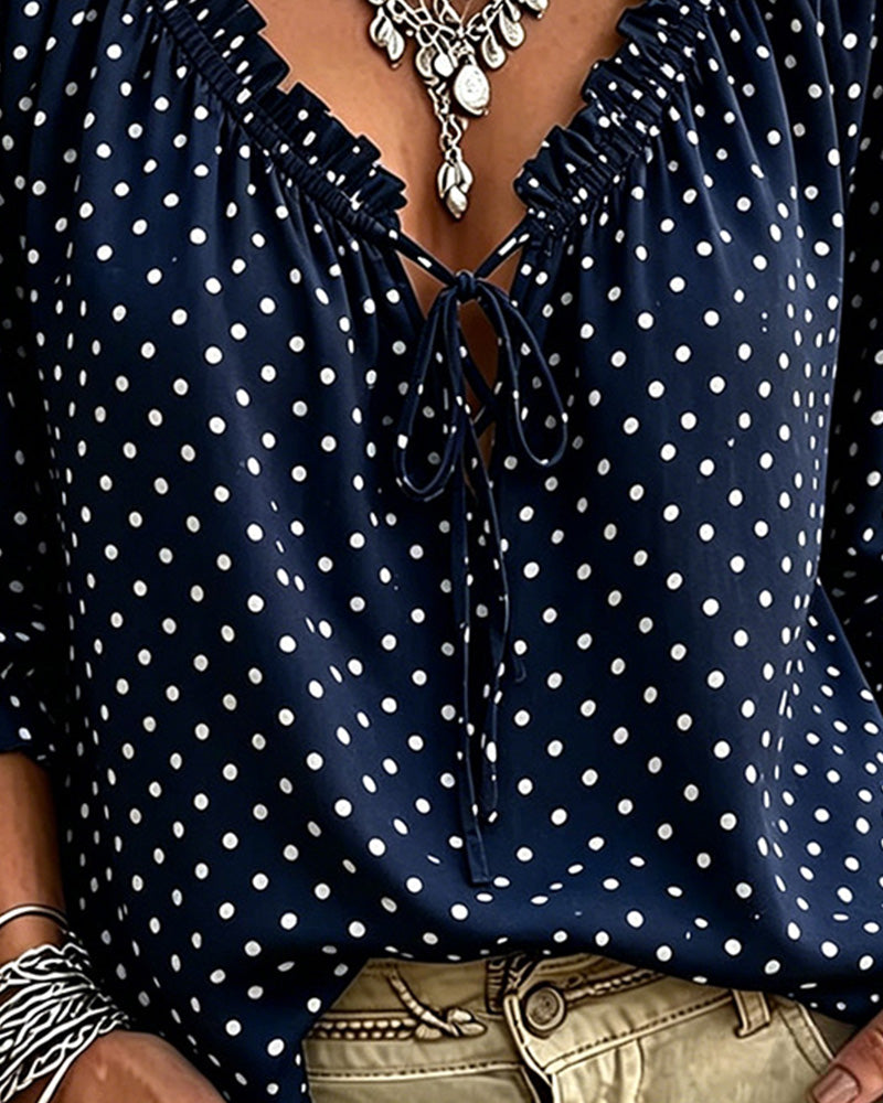 Bluse V-Ausschnitt Rüsche Polka Dot Bindung
