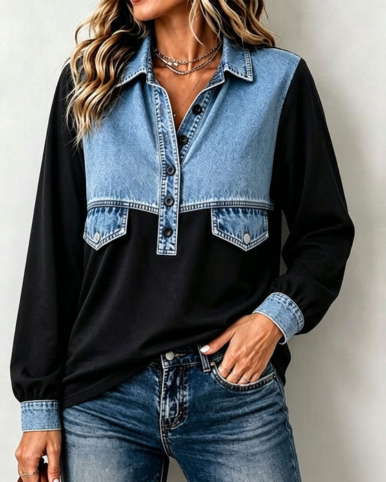 Sweatshirt Hemdkragen Tasche Patchwork