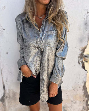 Bluse Langarm Fein Schimmer Tasche Knopfleiste