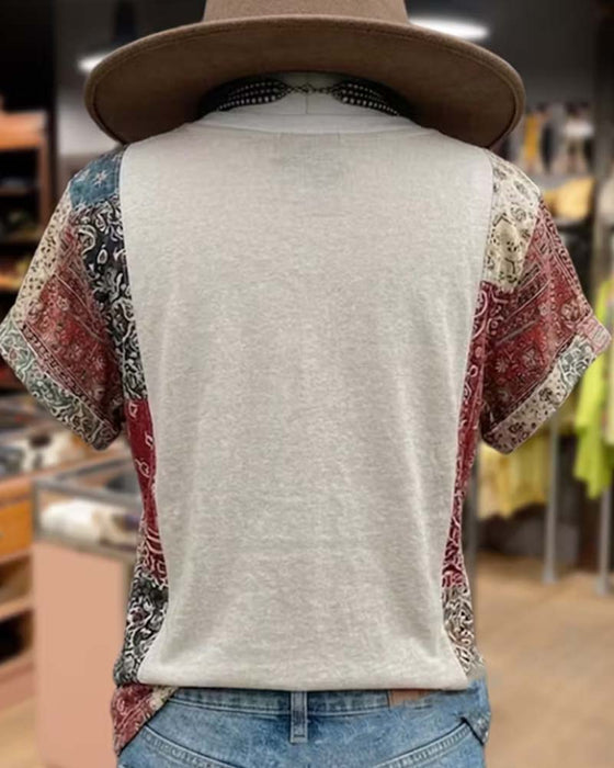 T-Shirt V-Ausschnitt Kurzarm Patchwork