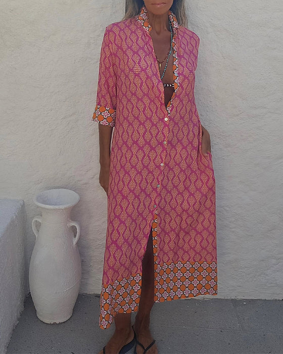 Kleid Geometrischer Weizen Druck Hemd