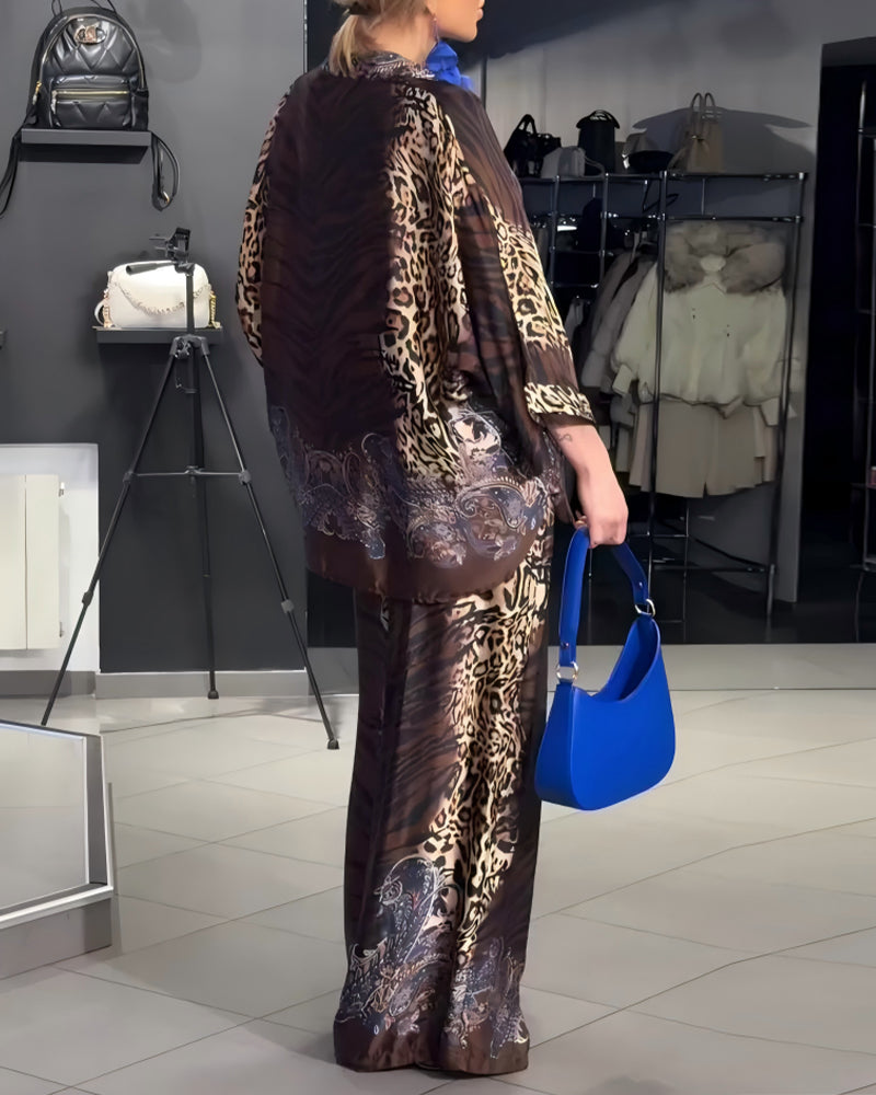 Set stilvoller Leopardenprint Weitbeinhose