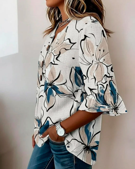 Bluse V-Ausschnitt Blumen Rüsche 3/4-Arm