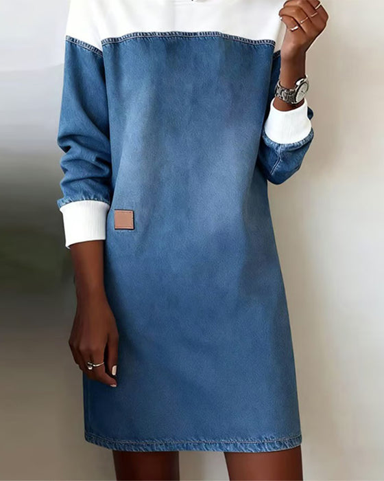 Kleid Mit Kapelle Denim Patchwork Fallende Schulter