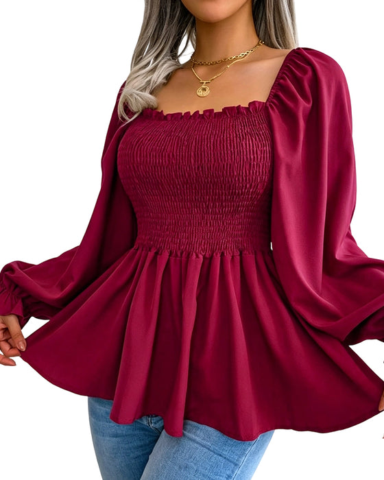 Bluse Rüsche Quadratischer Ausschnitt Langarm