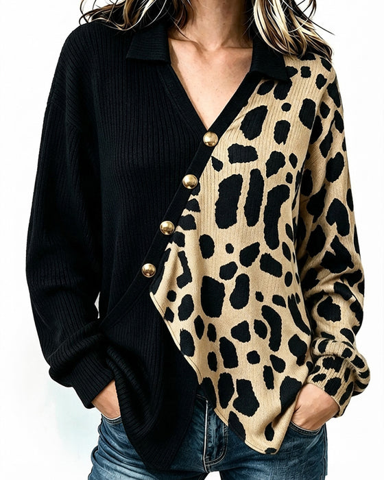 Pullover Leopard Patchwork Asymmetrische Knopfleiste Farbblock