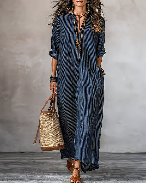 Kleid V-Ausschnitt Gestreift Tasche Hemd