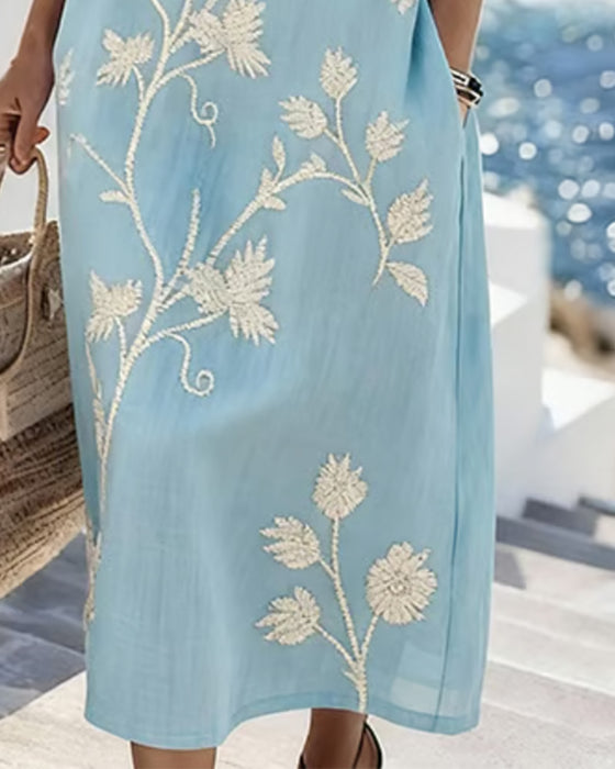 Kleid Rundhals Ärmellos Blumen Tasche