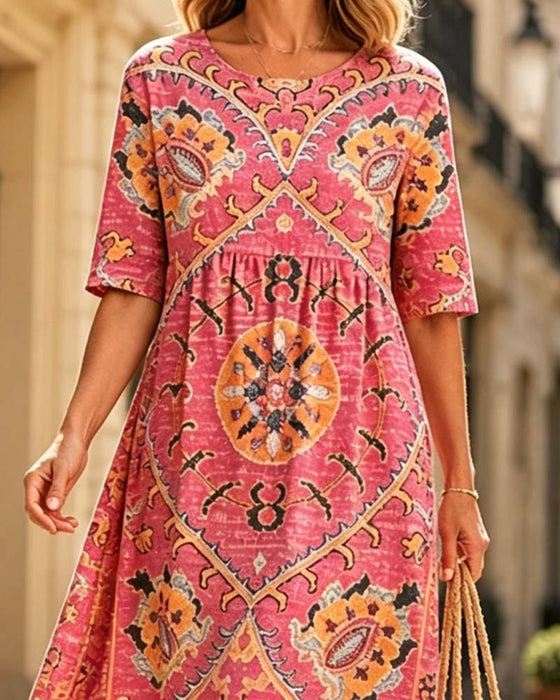Kleid Mit Rüschenhals Und Bedrucktem Ausgestelltem Rock