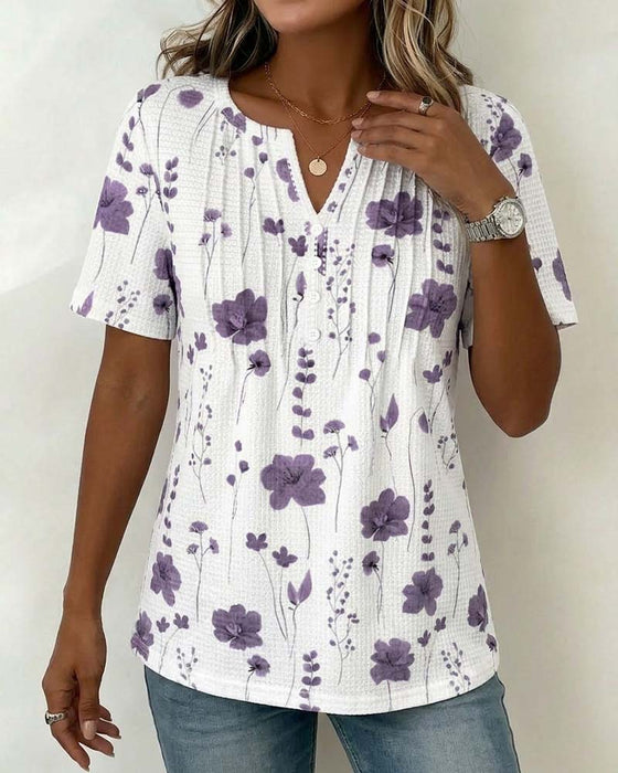 T-Shirt Waffel V-Ausschnitt Blumen