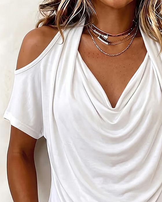 T-Shirt Halter Off-Shoulder Drapiert Kurzer Ärmel