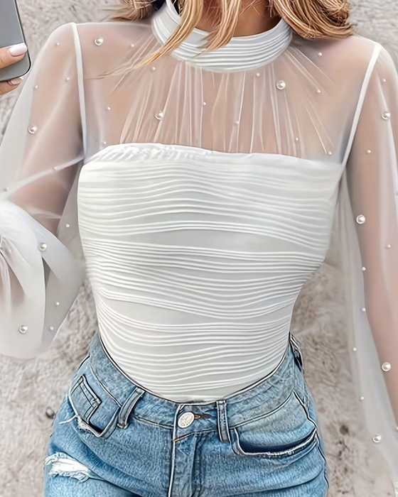 Bluse Mock Neck Gerafft Sheer