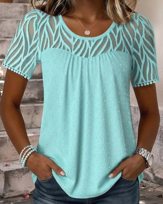 Bluse Mesh Patchwork Uni Farbe