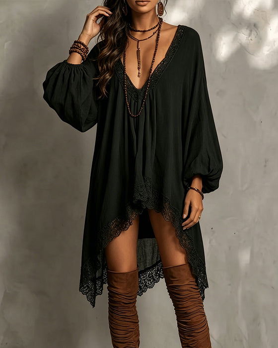 Kleid V-Ausschnitt Spitze Asymmetrisch