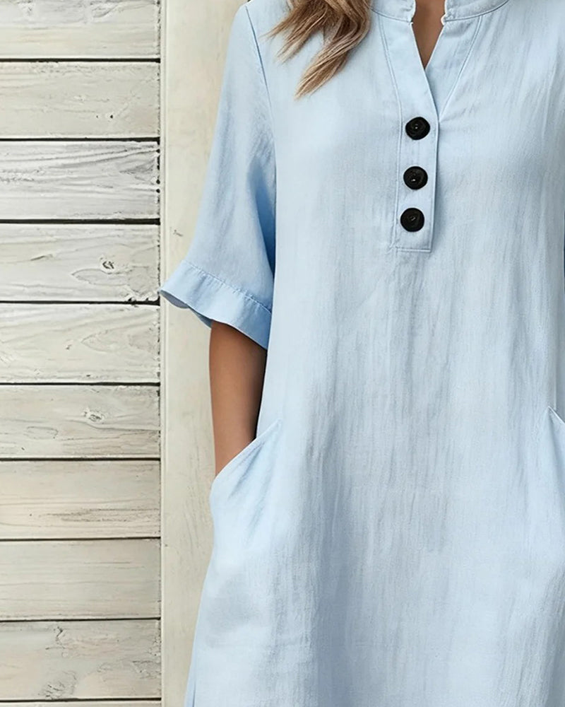 Kleid Leinen Stehkragen Mittel Ärmel