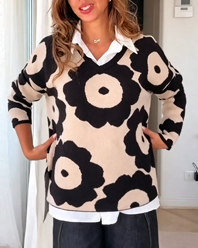 Pullover Blumenprint V-Ausschnitt