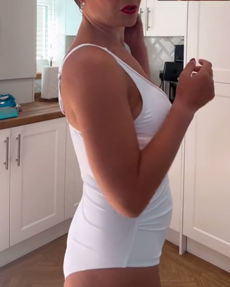 Einteiliger Badeanzug aus gespleißtem Netzstoff in Volltonfarbe