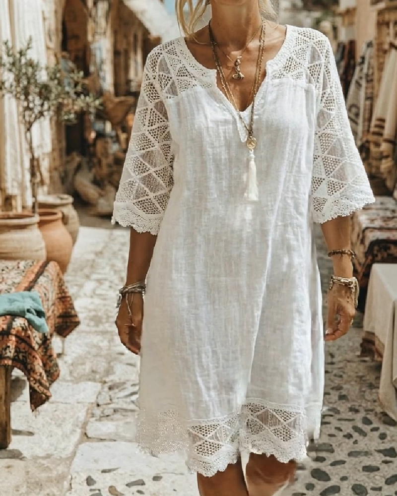 Kleid V-Ausschnitt Spitze Patchwork Lässig