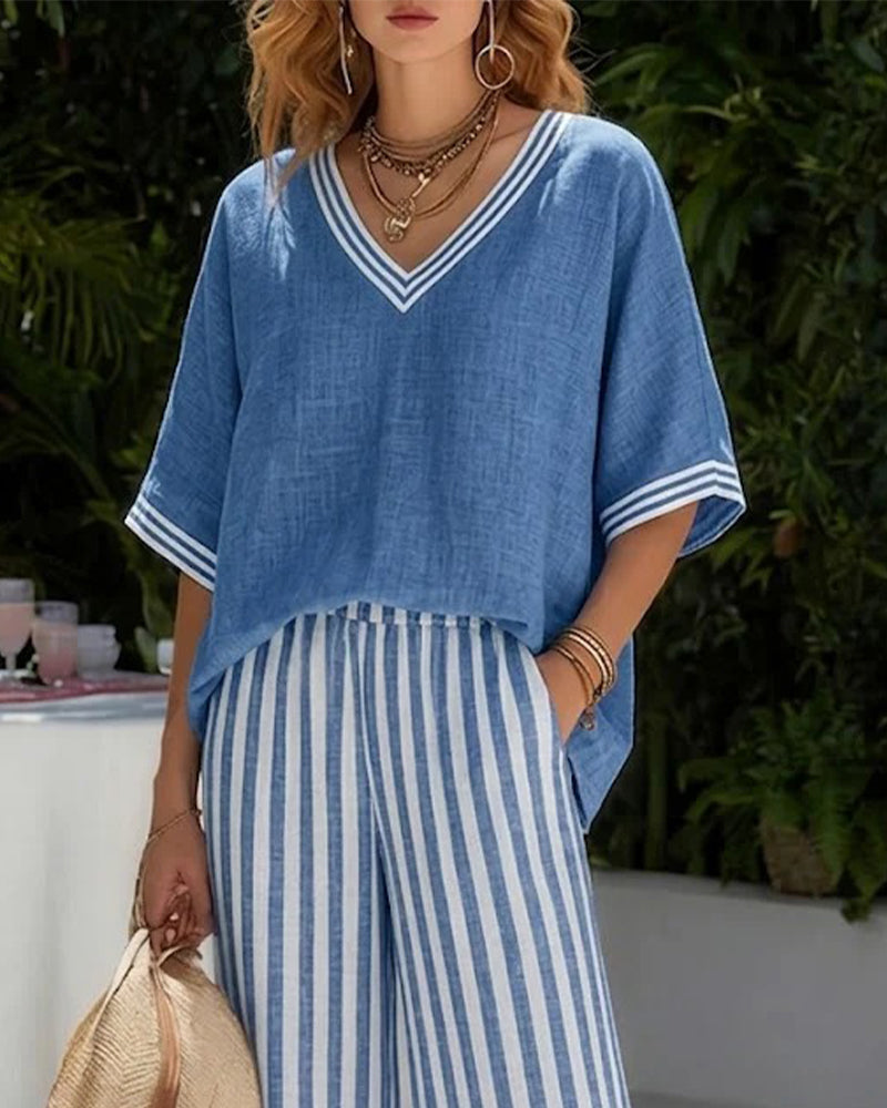 Set V-Ausschnitt Fledermausärmel Streifen Weit Bein Hose