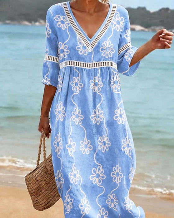 Kleid V-Ausschnitt Ausgeschnitten Patchwork Blumig Locke